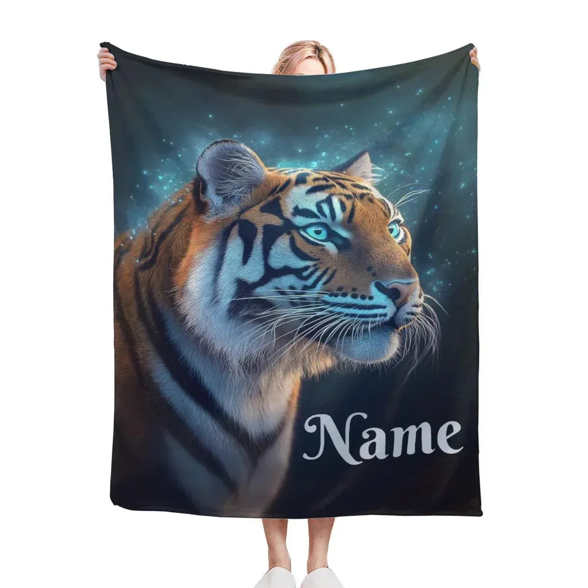 Personalized Tiger Blanket: Starry Night Jungle Throw, Soft Flannel Fleece Name Gift