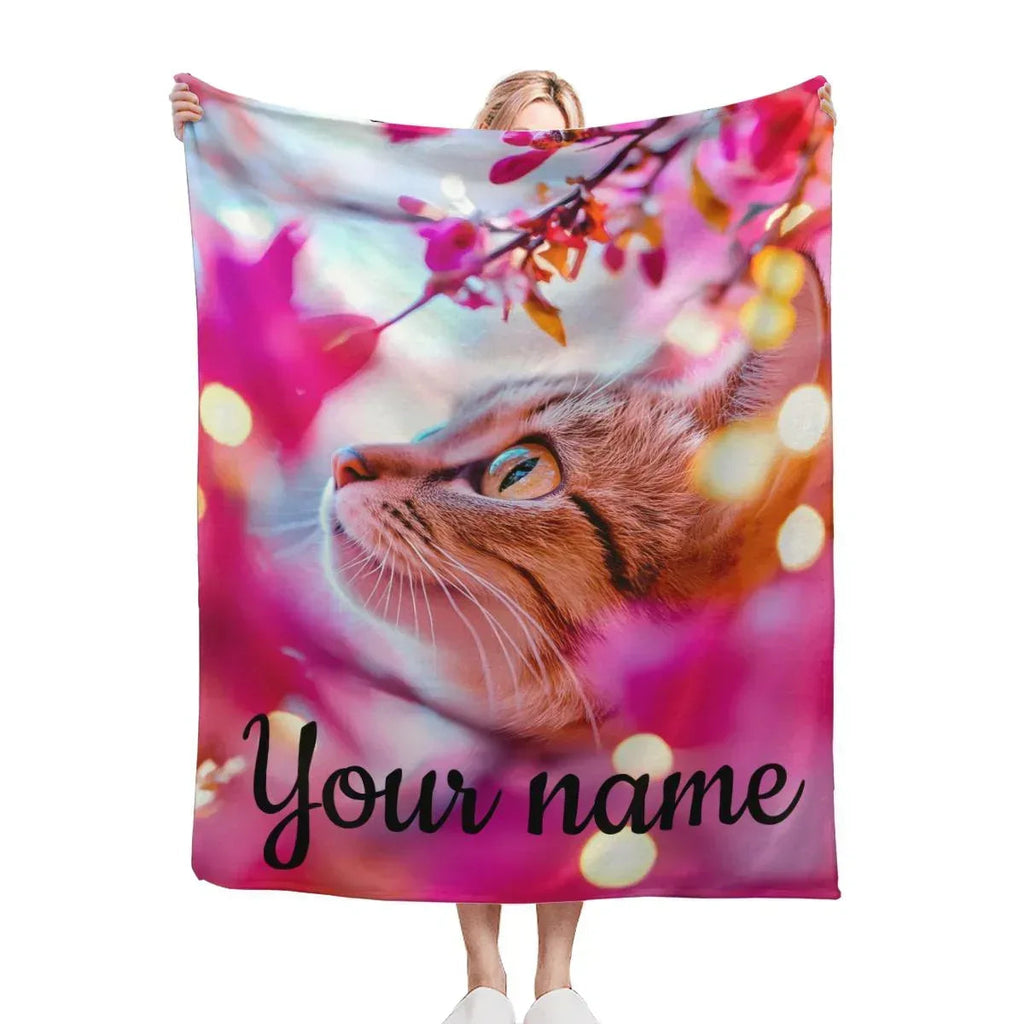 Personalized Cat Fleece Blanket: Pink Floral Kitty Design, Soft Custom Name Gift