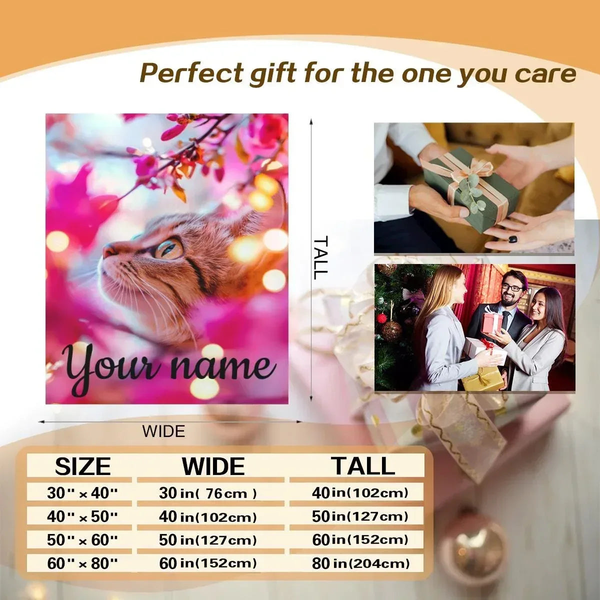 Personalized Cat Fleece Blanket: Pink Floral Kitty Design, Soft Custom Name Gift