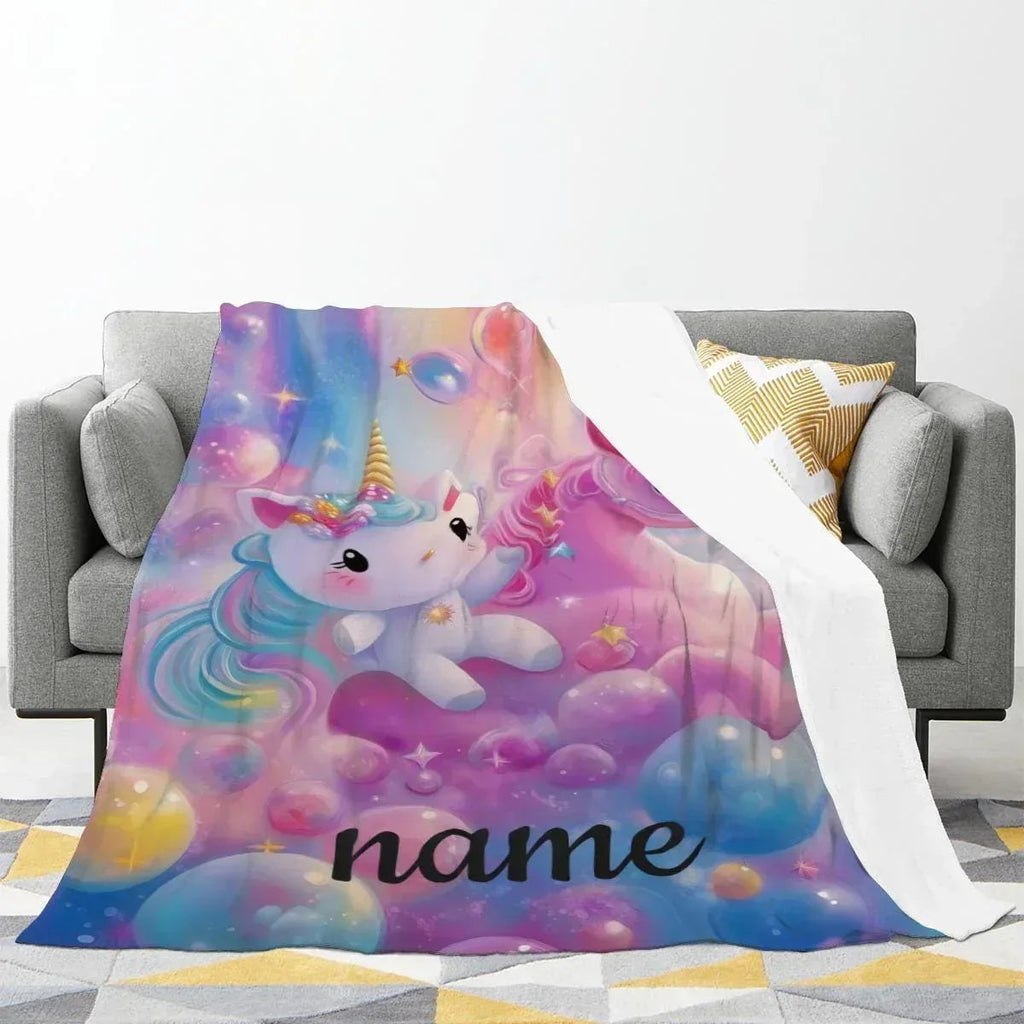 Personalized Kitty& Unicorn Fleece Blanket: Custom Name Throw, Soft Flannel