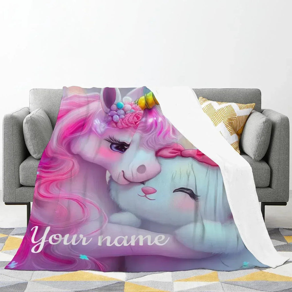 Personalized Unicorn & Kitty Plush Blanket, Custom Name Soft Flannel Fleece Throw