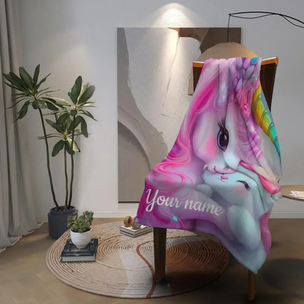 Personalized Unicorn & Kitty Plush Blanket, Custom Name Soft Flannel Fleece Throw