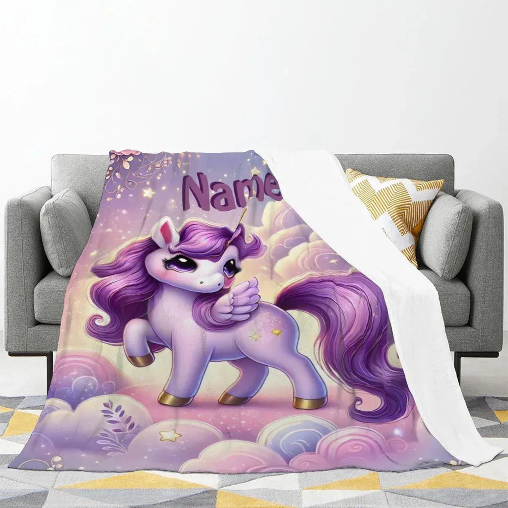 Personalized Unicorn Blanket: Enchanted Purple Fantasy Throw, Flannel Fleece Name Gift
