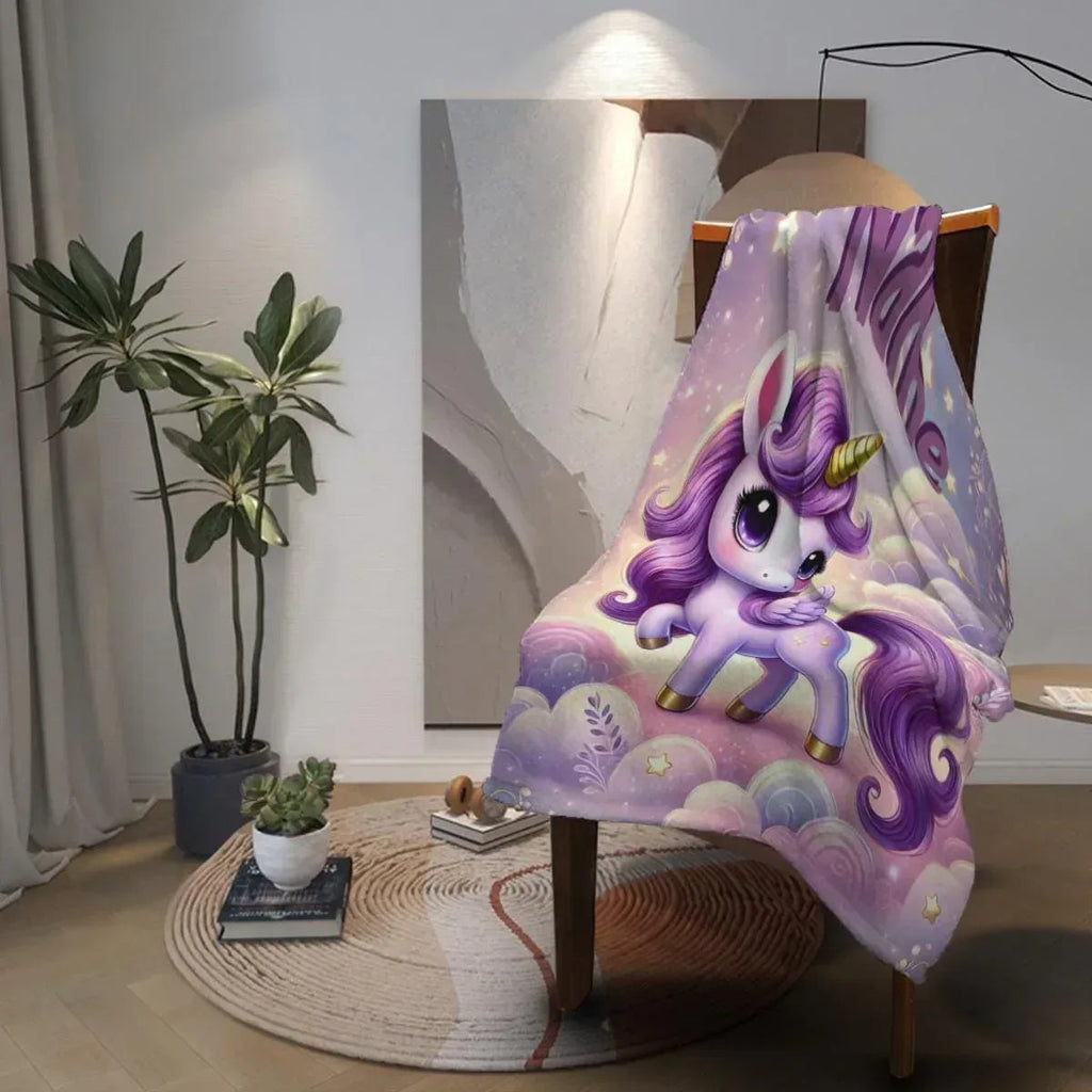 Personalized Unicorn Blanket: Enchanted Purple Fantasy Throw, Flannel Fleece Name Gift