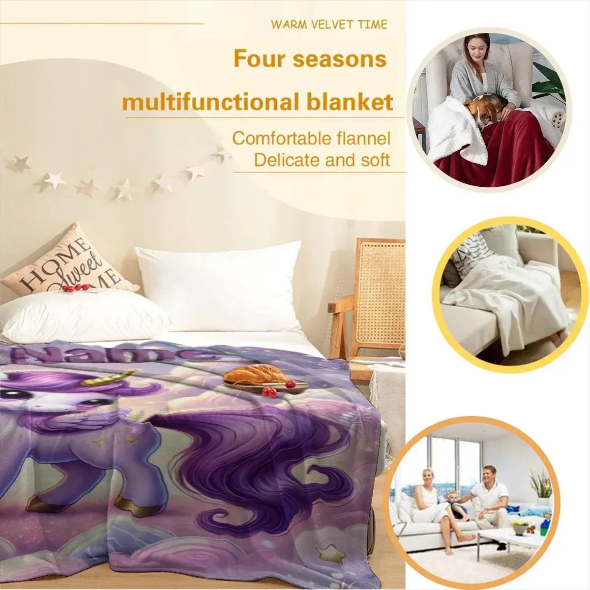 Personalized Unicorn Blanket: Enchanted Purple Fantasy Throw, Flannel Fleece Name Gift
