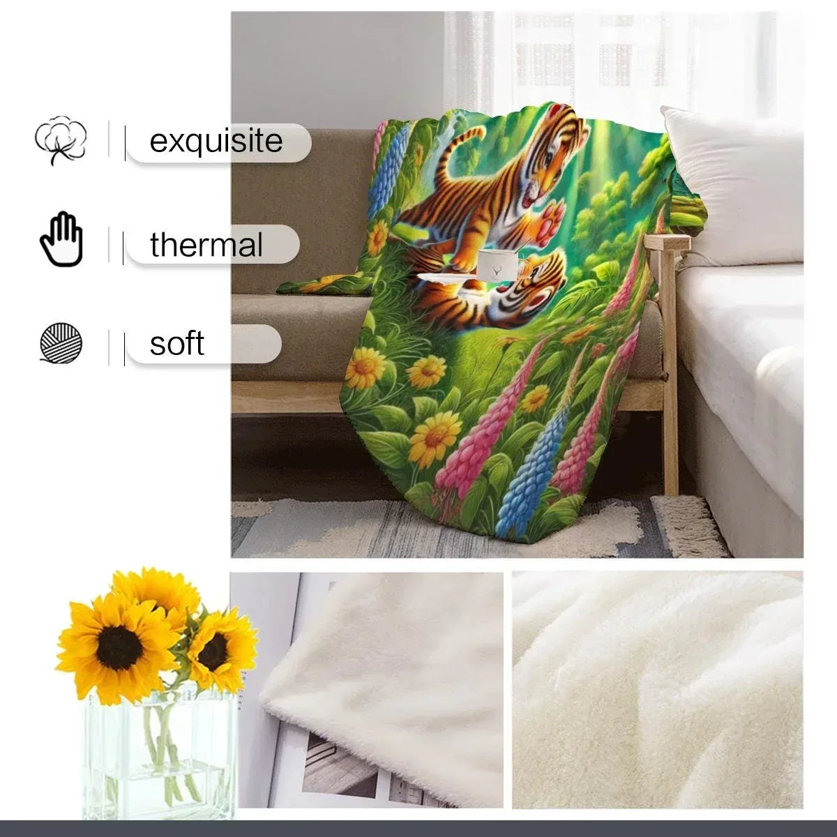 Personalized Tiger Blanket: Enchanted Forest Jungle Adventure Throw, Soft Flannel Fleece Throw