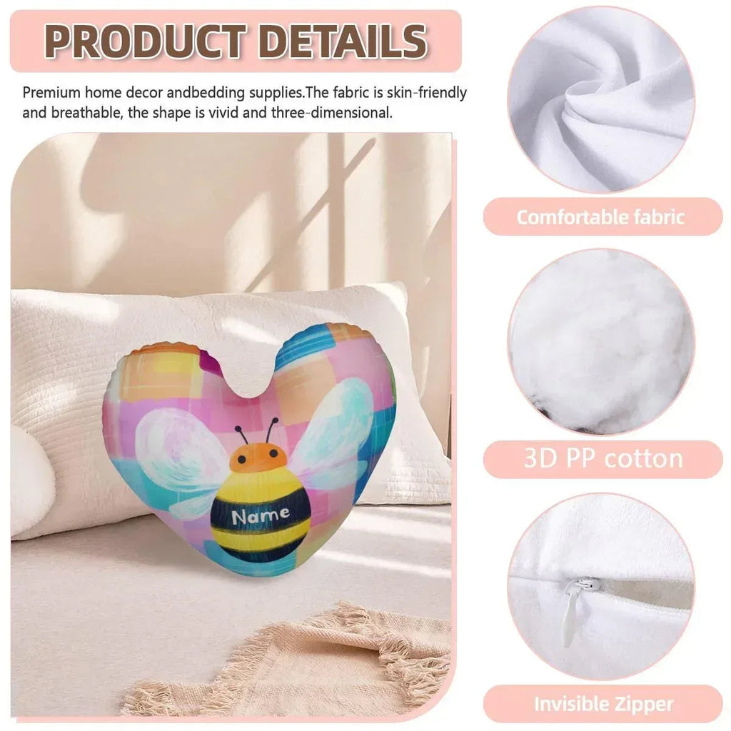 Personalized Bee Heart Pillow - Dutch Velvet Plush Nursery Decor Filled with Fluffy Cotton, Custom Name