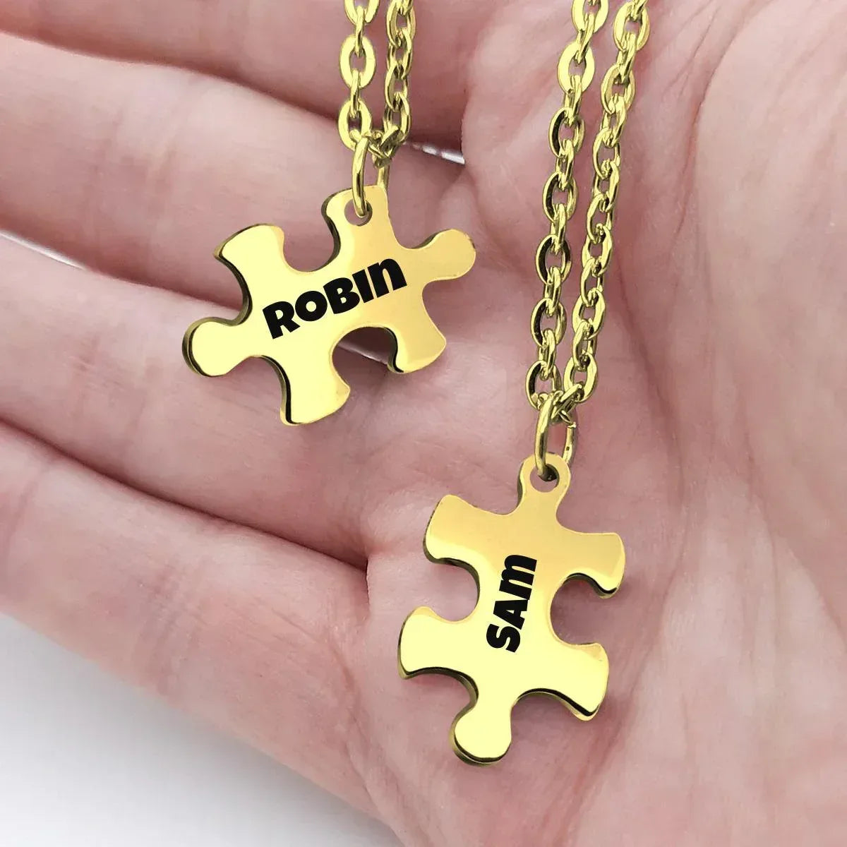 2 pcs - Engraved Puzzle Pieces Necklace Set - Stainless Steel Matching Pendants Custom Name Gift
