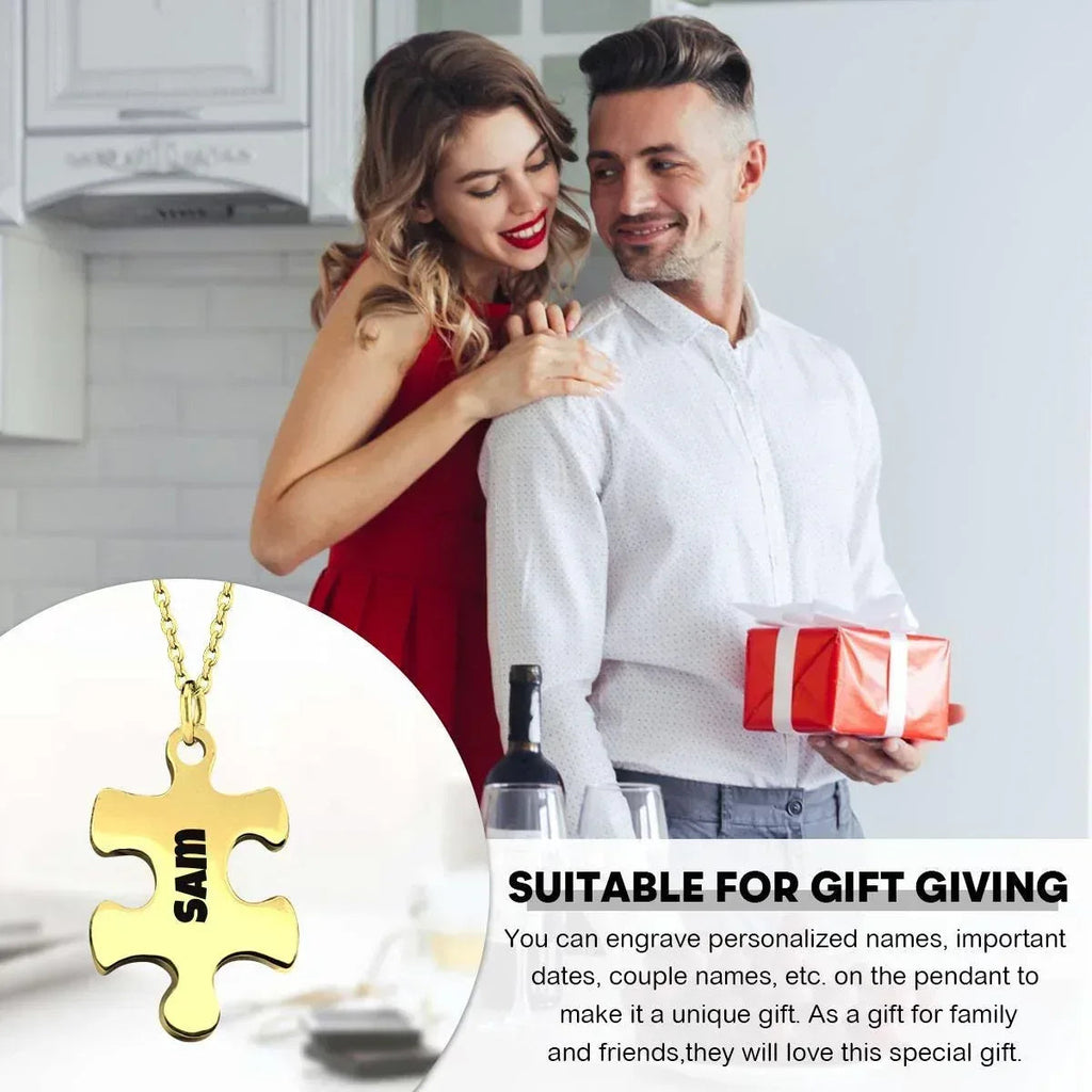 2 pcs - Engraved Puzzle Pieces Necklace Set - Stainless Steel Matching Pendants Custom Name Gift