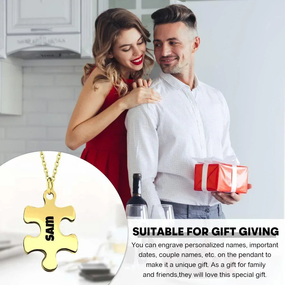 2 pcs - Engraved Puzzle Pieces Necklace Set - Stainless Steel Matching Pendants Custom Name Gift