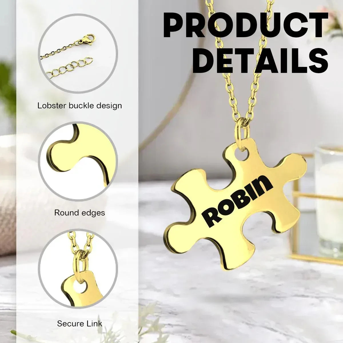 2 pcs - Engraved Puzzle Pieces Necklace Set - Stainless Steel Matching Pendants Custom Name Gift