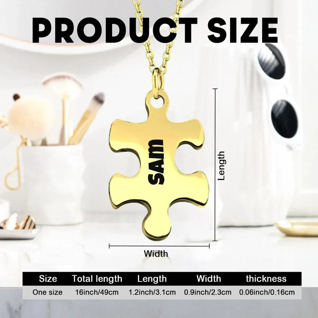 2 pcs - Engraved Puzzle Pieces Necklace Set - Stainless Steel Matching Pendants Custom Name Gift