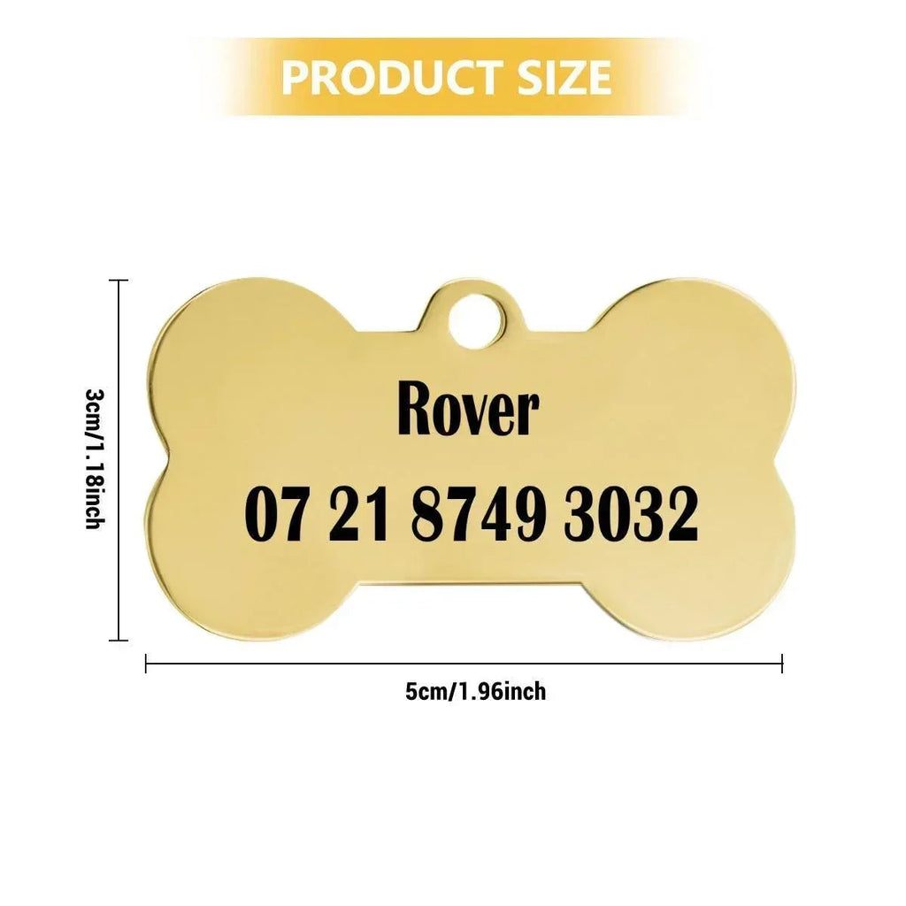 Engraved Pet ID Tag - Personalized Bone Shape Dog Cat Name Tag Gold Silver