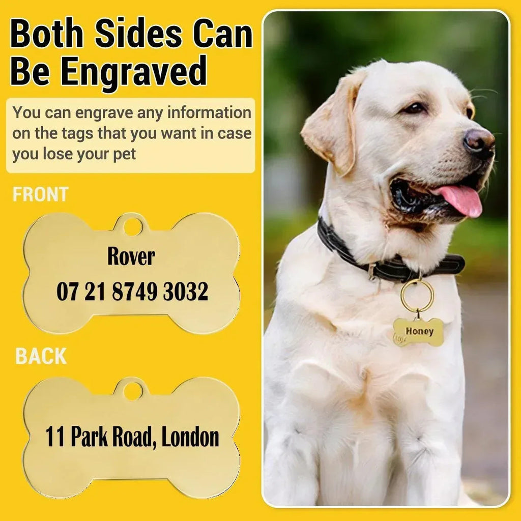 Engraved Pet ID Tag - Personalized Bone Shape Dog Cat Name Tag Gold Silver