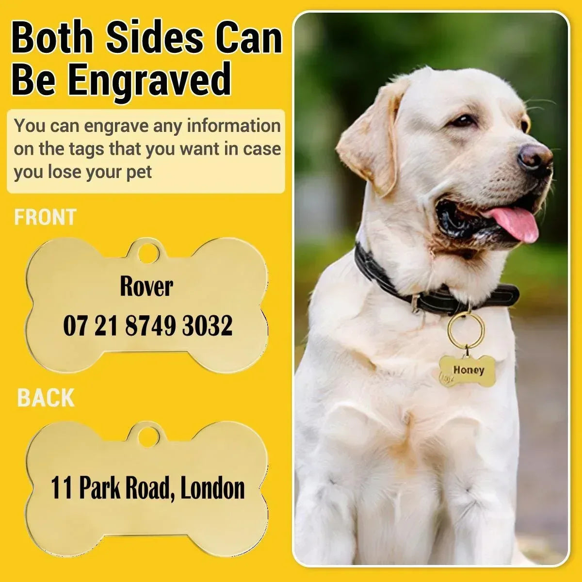 Engraved Pet ID Tag - Personalized Bone Shape Dog Cat Name Tag Gold Silver