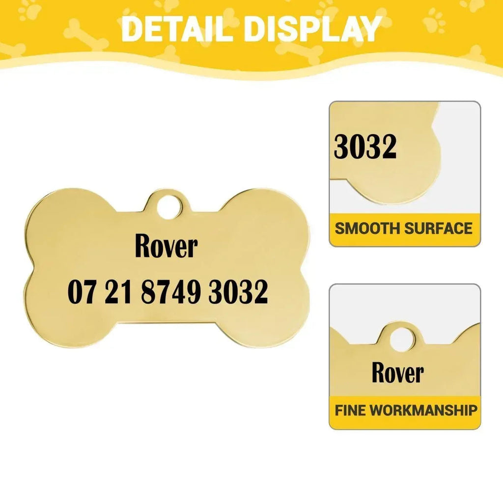 Engraved Pet ID Tag - Personalized Bone Shape Dog Cat Name Tag Gold Silver