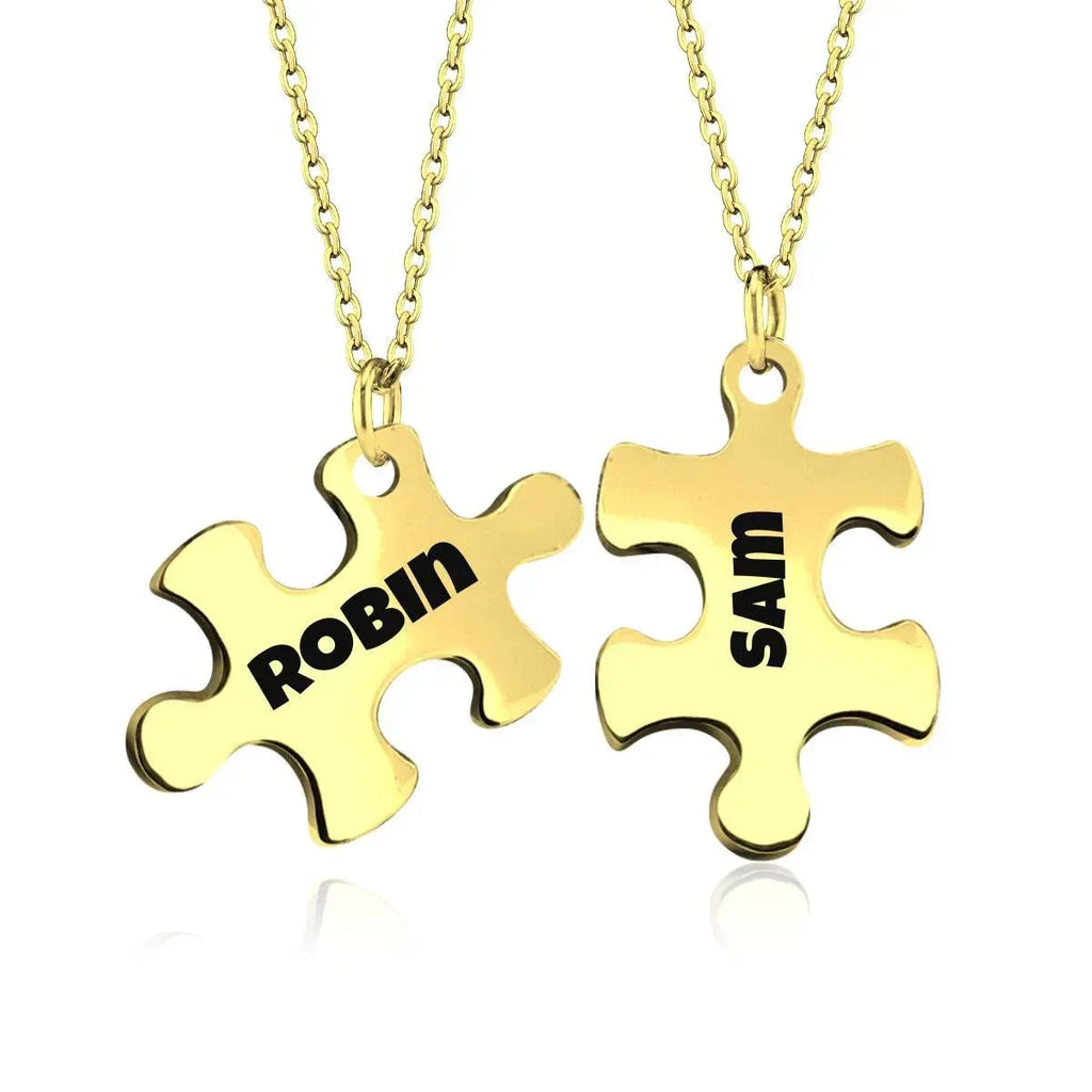2 pcs - Engraved Puzzle Pieces Necklace Set - Stainless Steel Matching Pendants Custom Name Gift