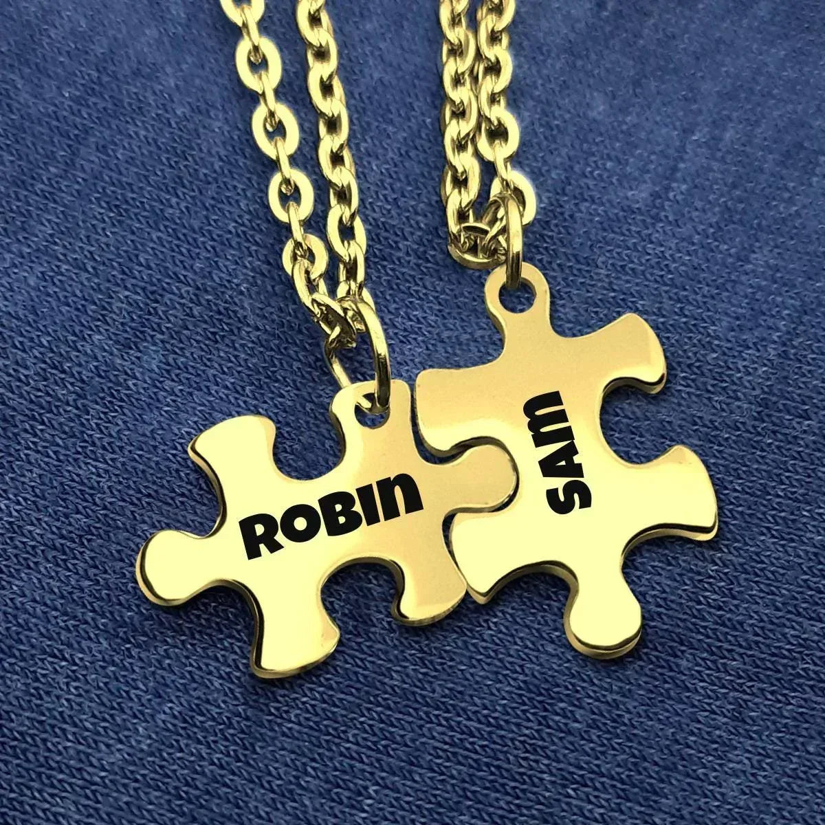 2 pcs - Engraved Puzzle Pieces Necklace Set - Stainless Steel Matching Pendants Custom Name Gift