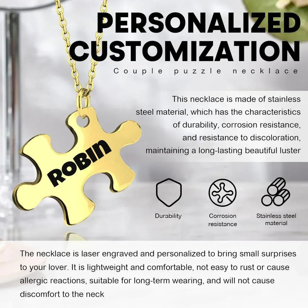 2 pcs - Engraved Puzzle Pieces Necklace Set - Stainless Steel Matching Pendants Custom Name Gift