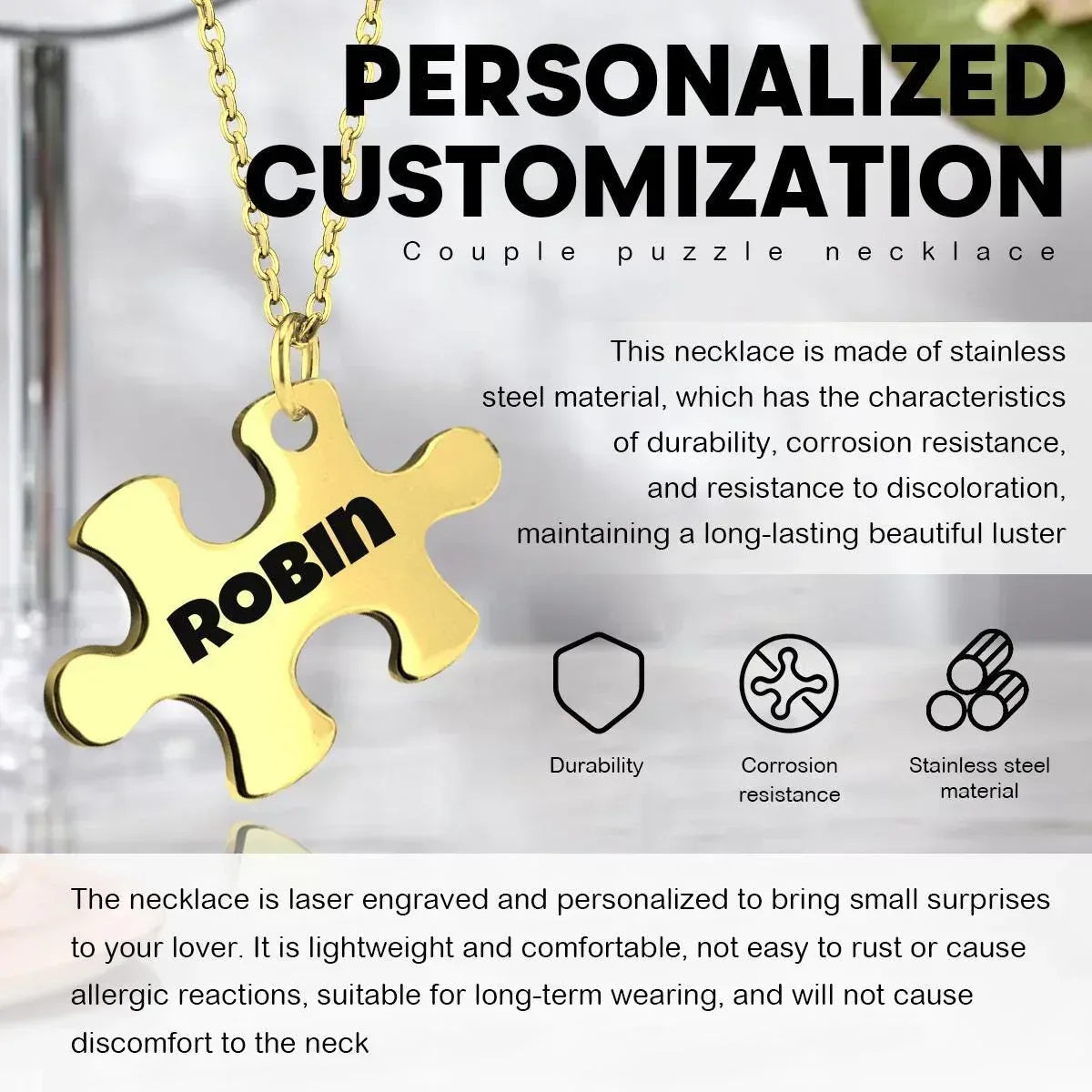 2 pcs - Engraved Puzzle Pieces Necklace Set - Stainless Steel Matching Pendants Custom Name Gift
