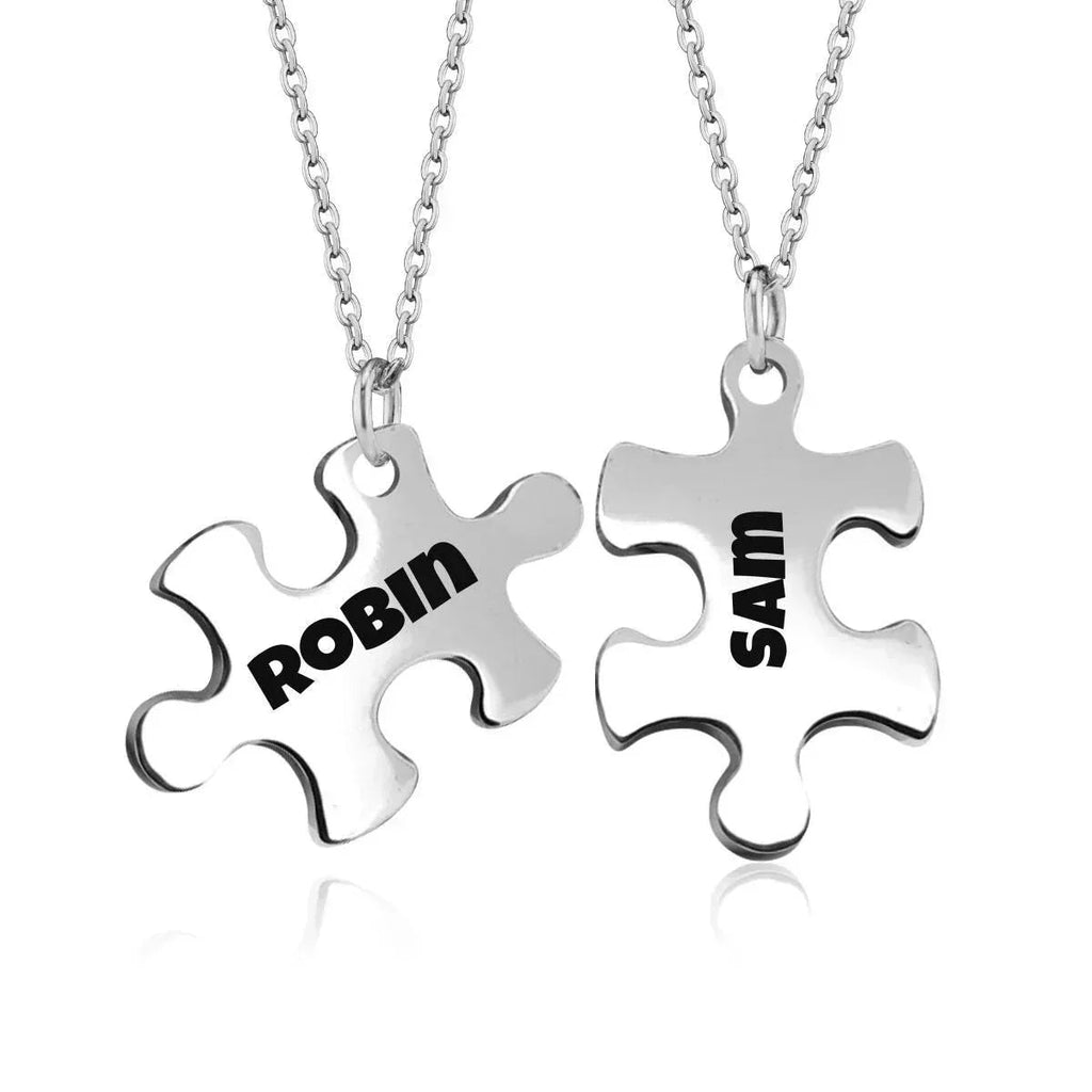 2 pcs - Engraved Puzzle Pieces Necklace Set - Stainless Steel Matching Pendants Custom Name Gift