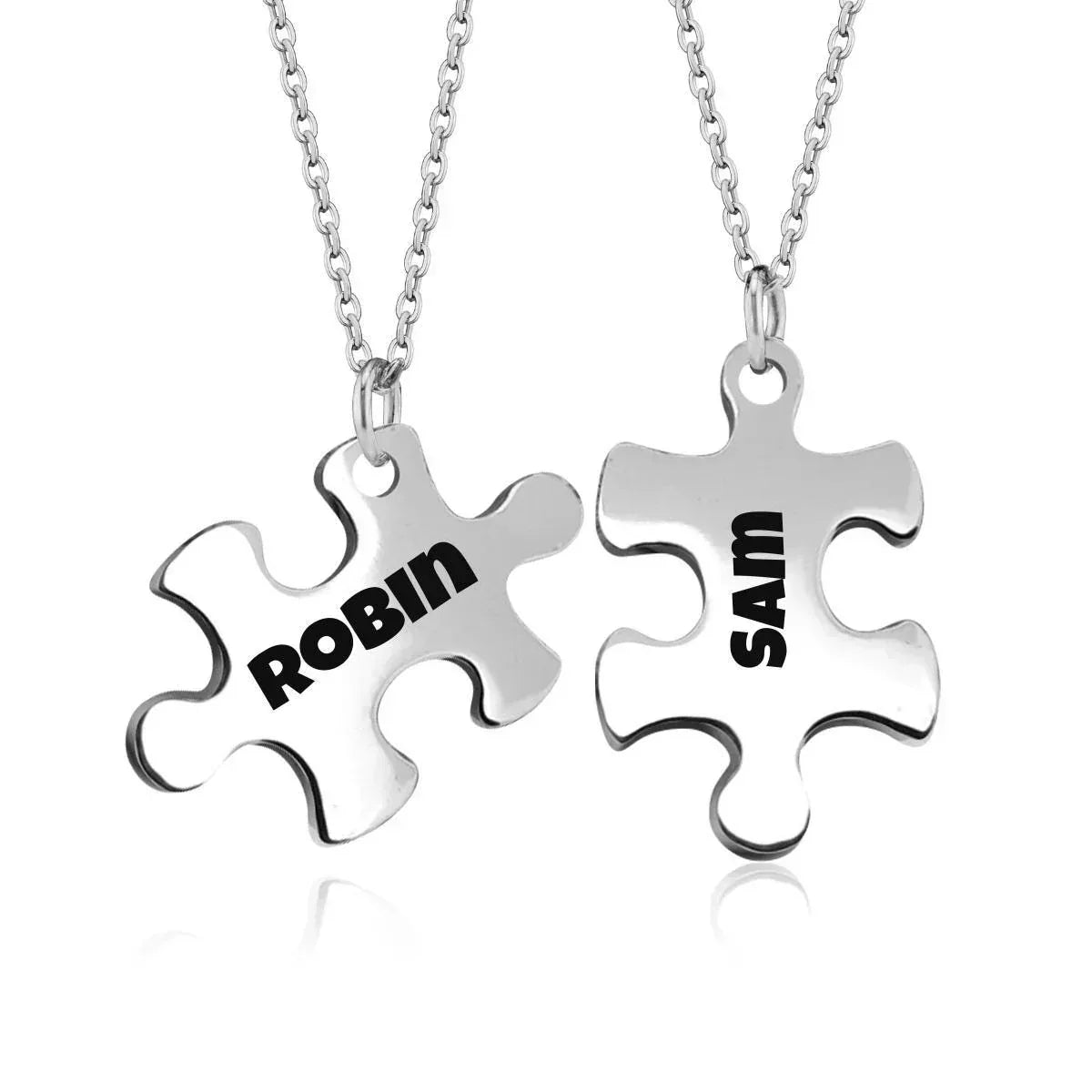 2 pcs - Engraved Puzzle Pieces Necklace Set - Stainless Steel Matching Pendants Custom Name Gift