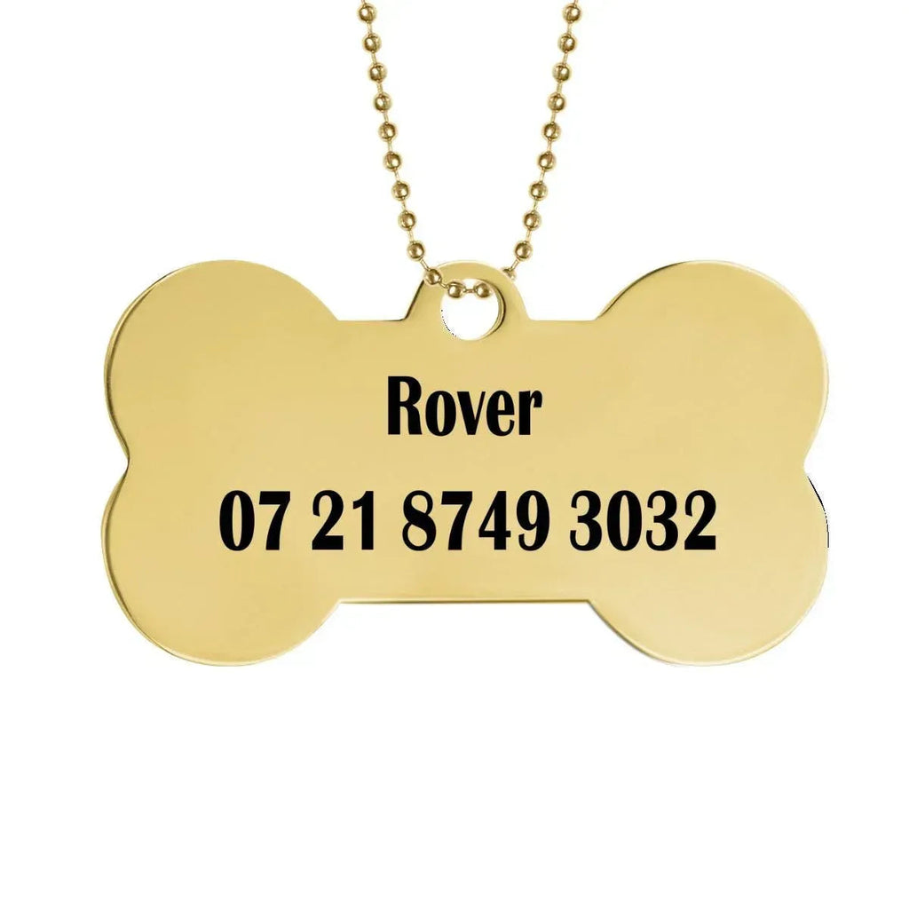 Engraved Pet ID Tag - Personalized Bone Shape Dog Cat Name Tag Gold Silver