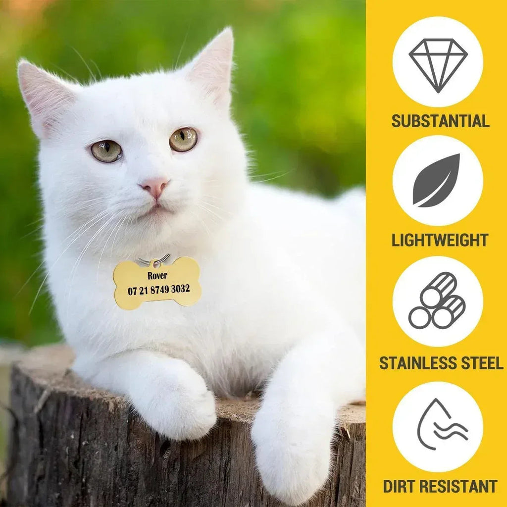 Engraved Pet ID Tag - Personalized Bone Shape Dog Cat Name Tag Gold Silver