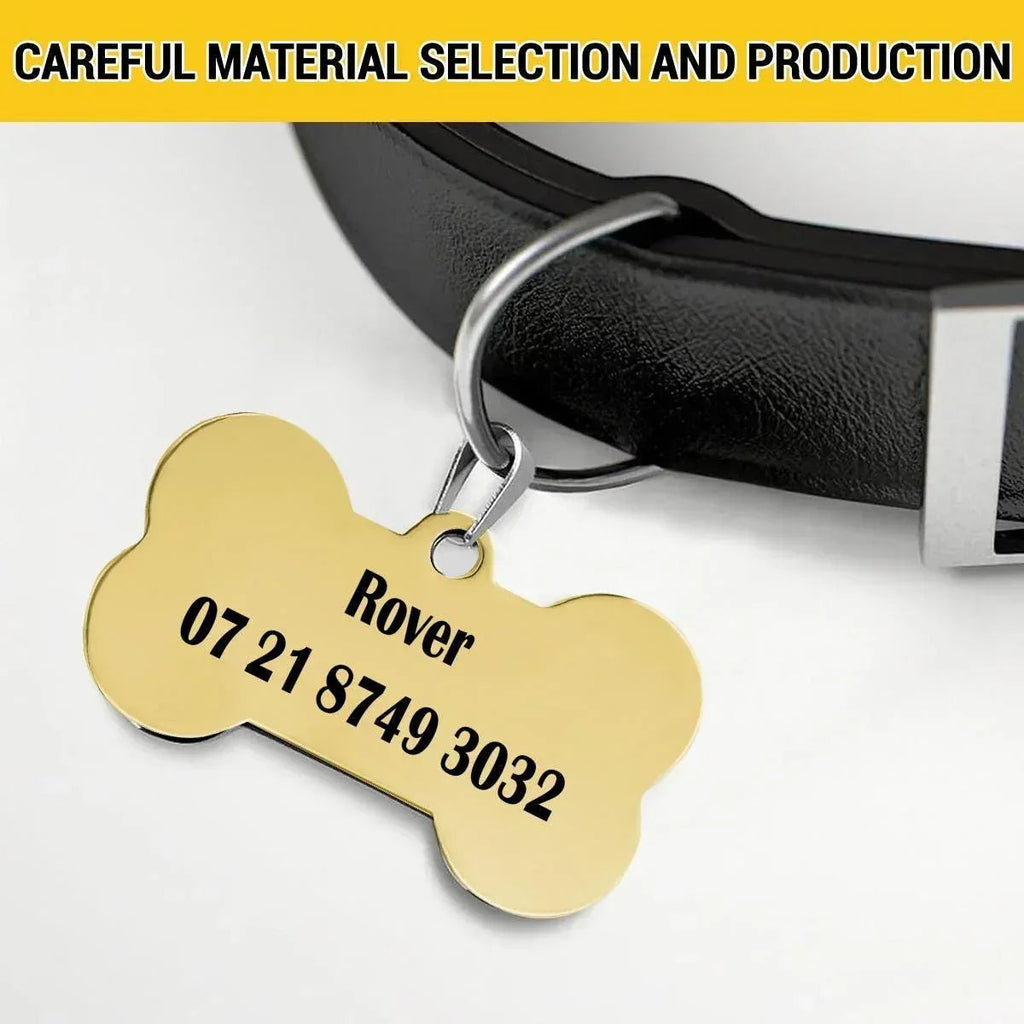 Engraved Pet ID Tag - Personalized Bone Shape Dog Cat Name Tag Gold Silver