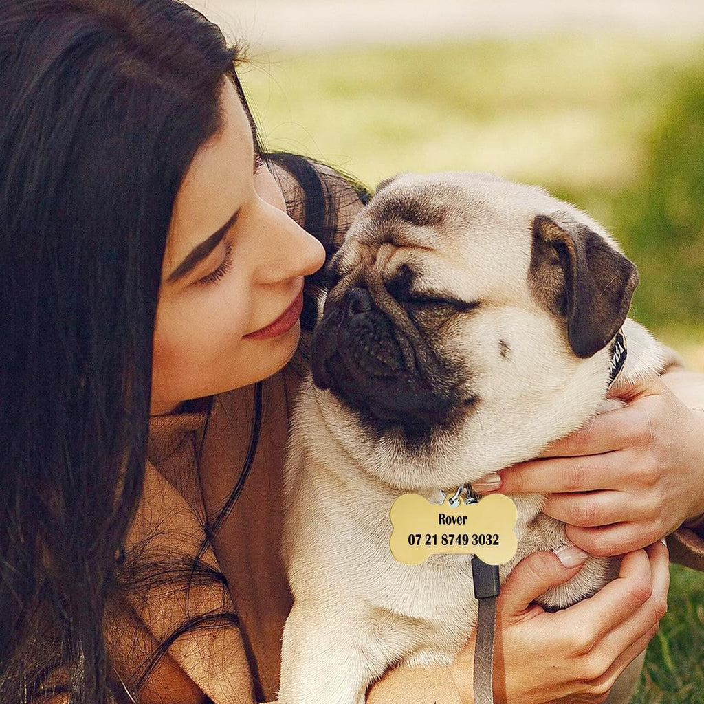 Engraved Pet ID Tag - Personalized Bone Shape Dog Cat Name Tag Gold Silver