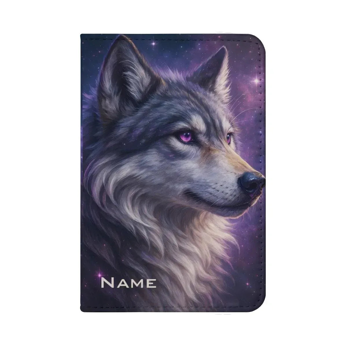 Personalized Galaxy Wolf Passport Holder: Cosmic Purple Travel Cover