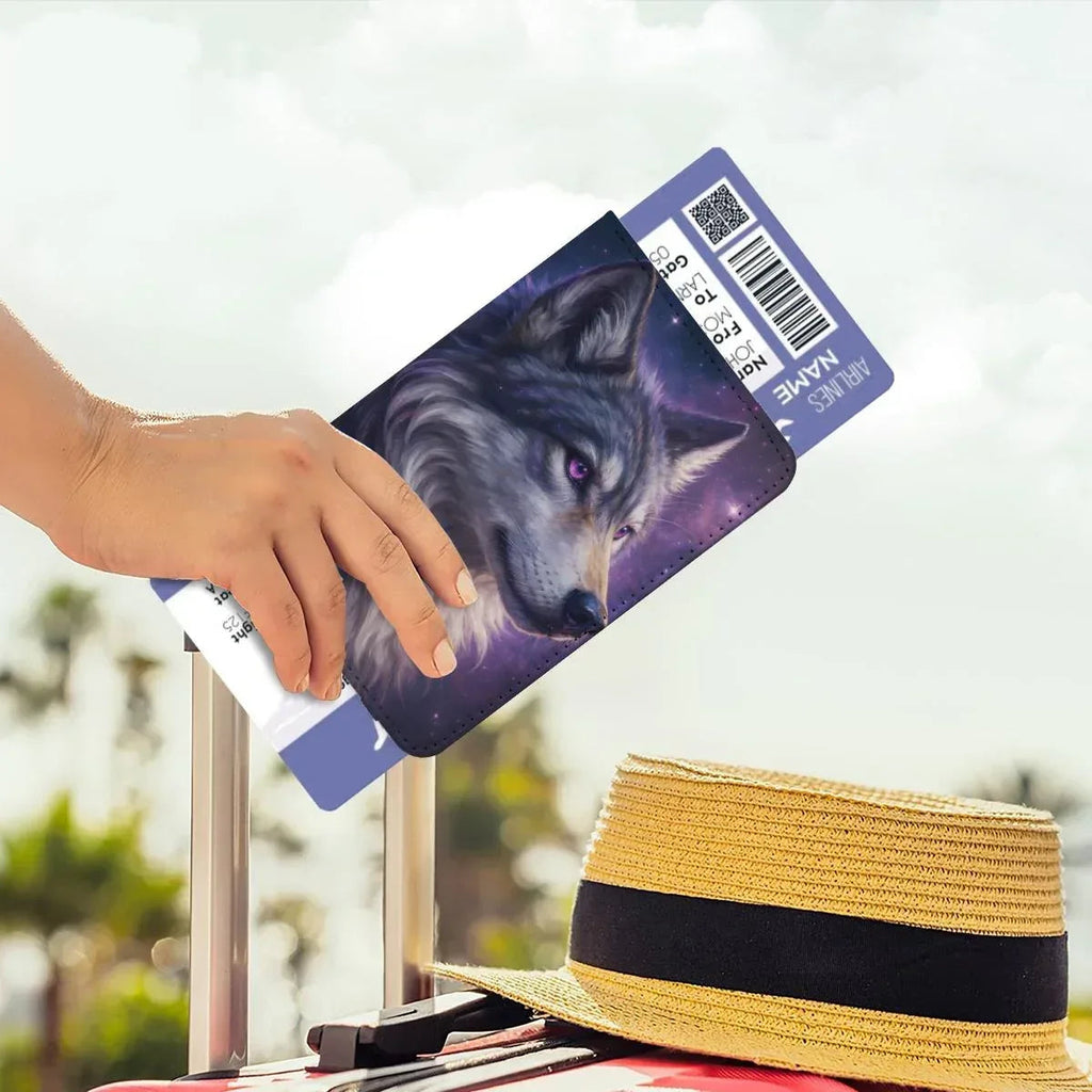 Personalized Galaxy Wolf Passport Holder: Cosmic Purple Travel Cover