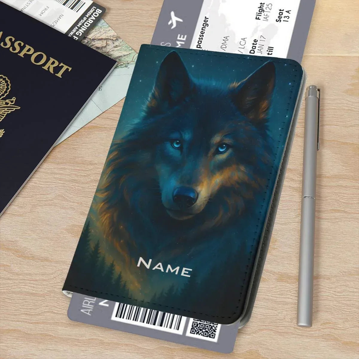 Personalized Mystical Wolf Passport Holder: Custom Travel Wallet