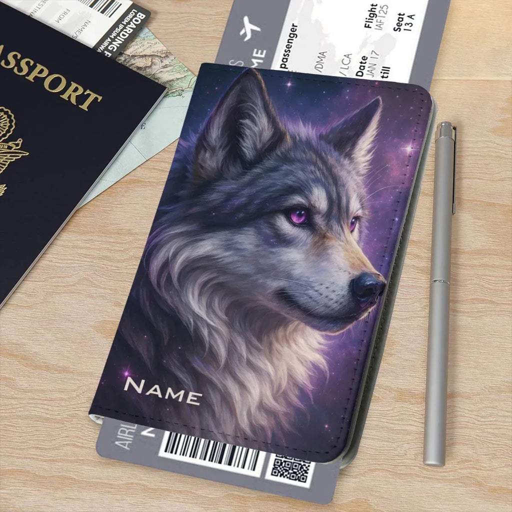 Personalized Galaxy Wolf Passport Holder: Cosmic Purple Travel Cover