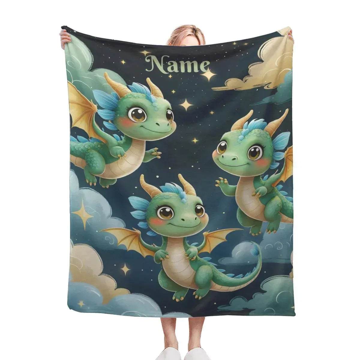 Personalized Green Dragon Blanket: Starry Night Bedroom Decor, Flannel Fleece Throw