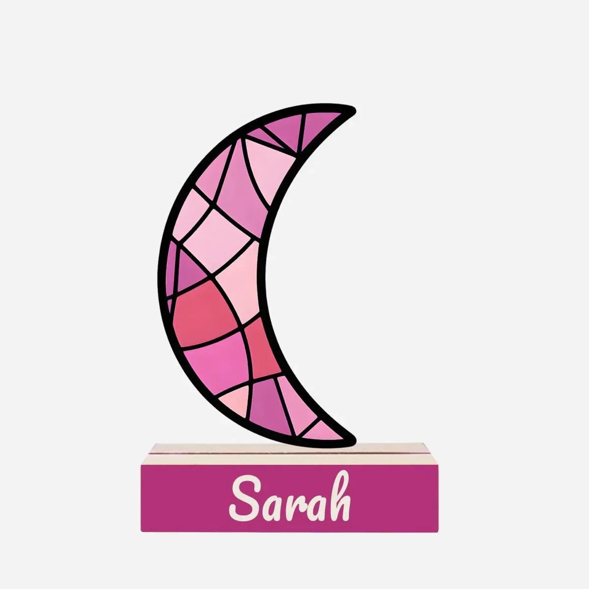 Personalized Pink Stained Glass Crescent Moon Night Light - Wooden Base