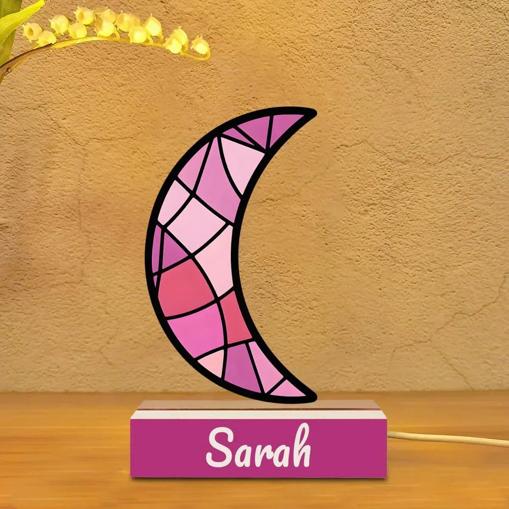 Personalized Pink Stained Glass Crescent Moon Night Light - Wooden Base
