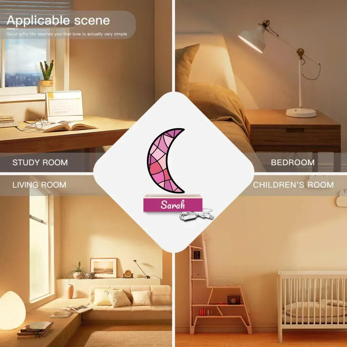 Personalized Pink Stained Glass Crescent Moon Night Light - Wooden Base