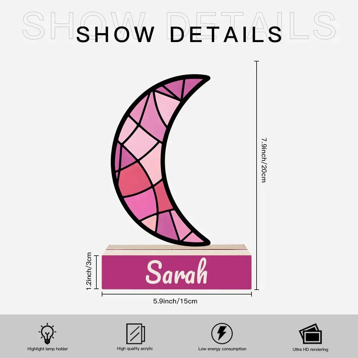 Personalized Pink Stained Glass Crescent Moon Night Light - Wooden Base