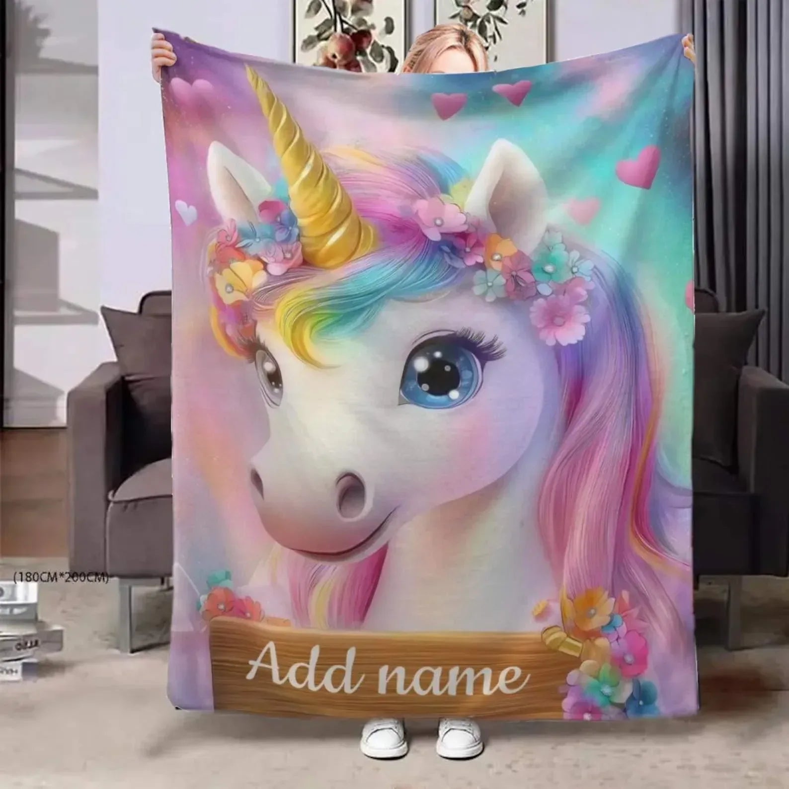 Personalized Unicorn Blanket: Rainbow Pink White Bedroom - Soft Flannel Fleece Throw, Name Gift