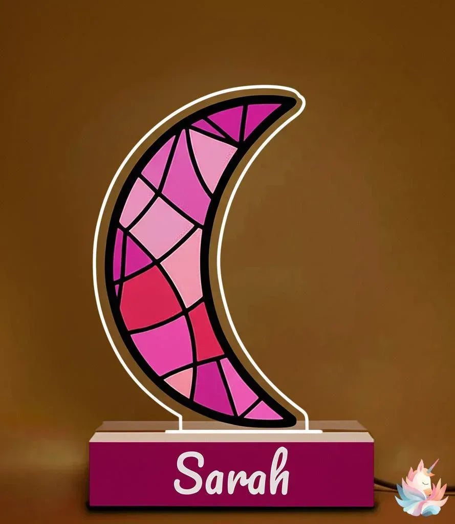 Personalized Pink Stained Glass Crescent Moon Night Light - Wooden Base