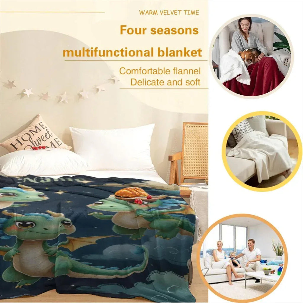 Personalized Green Dragon Blanket: Starry Night Bedroom Decor, Flannel Fleece Throw