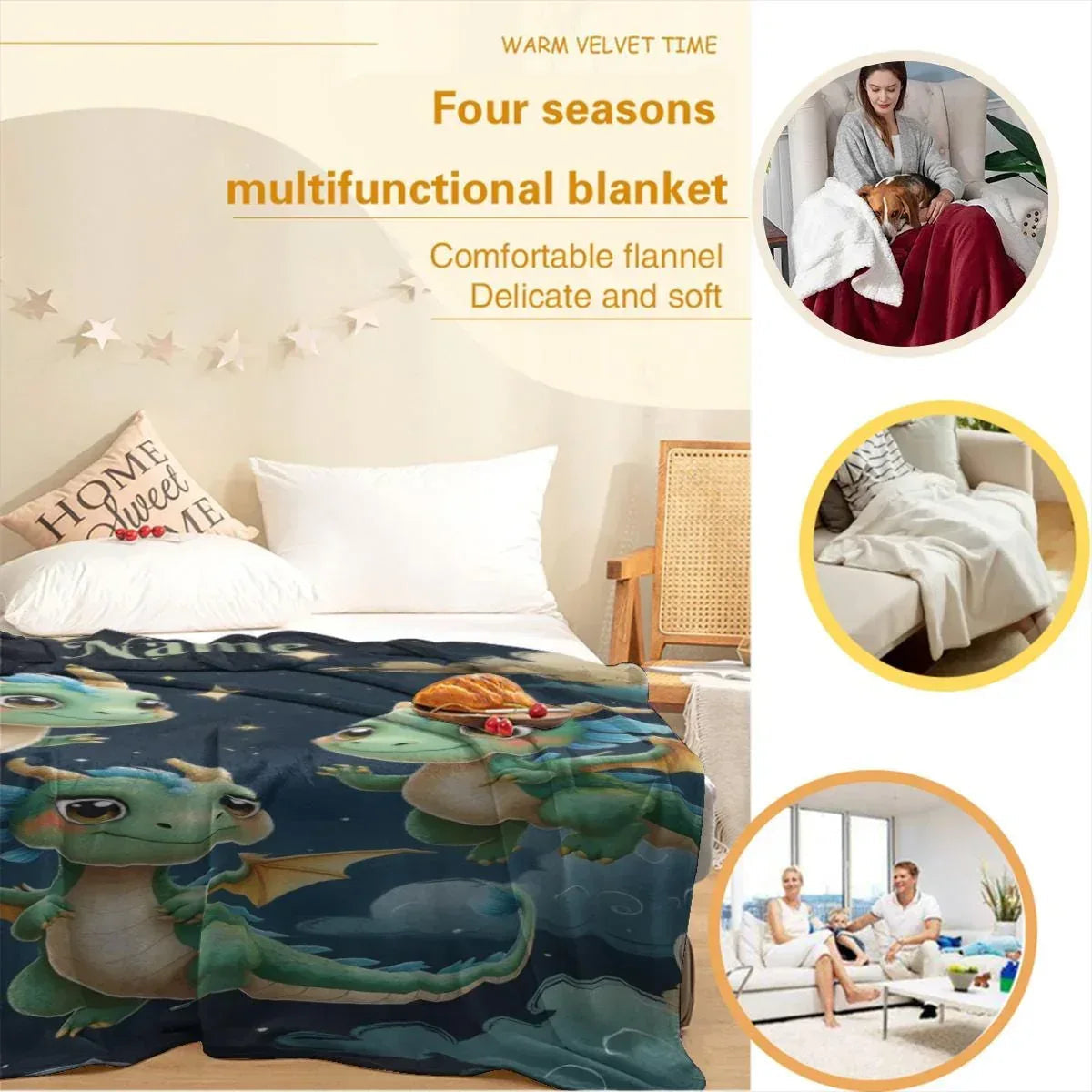 Personalized Green Dragon Blanket: Starry Night Bedroom Decor, Flannel Fleece Throw