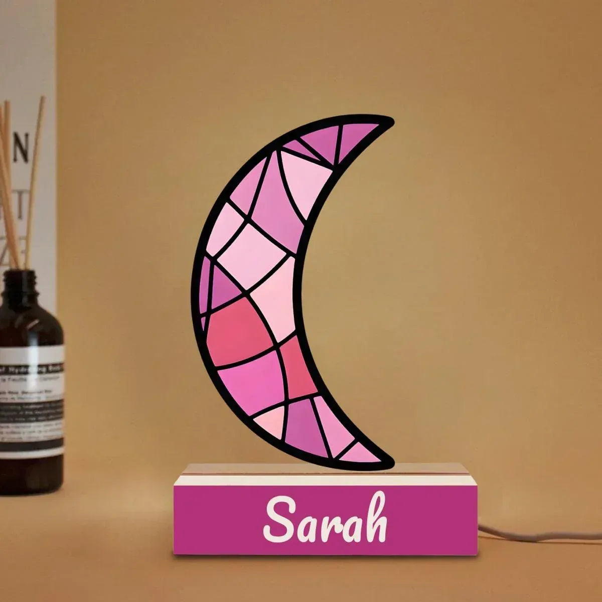 Personalized Pink Stained Glass Crescent Moon Night Light - Wooden Base