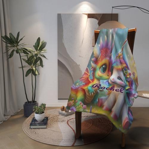 Personalized Unicorn & Dragon Blanket: Magical Fantasy Flannel Fleece Throw, Super Soft Kids Gift