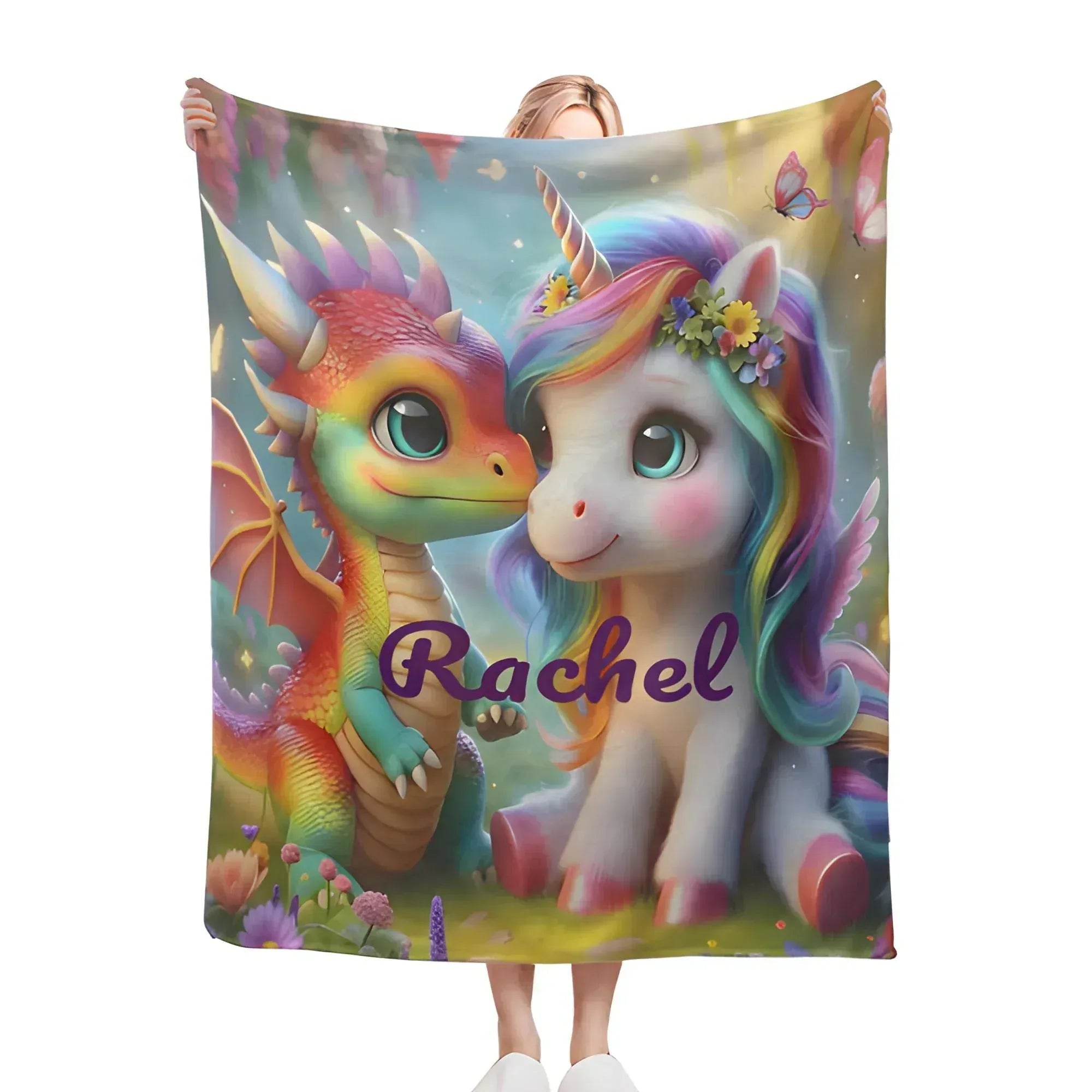 Personalized Unicorn & Dragon Blanket: Magical Fantasy Flannel Fleece Throw, Super Soft Kids Gift