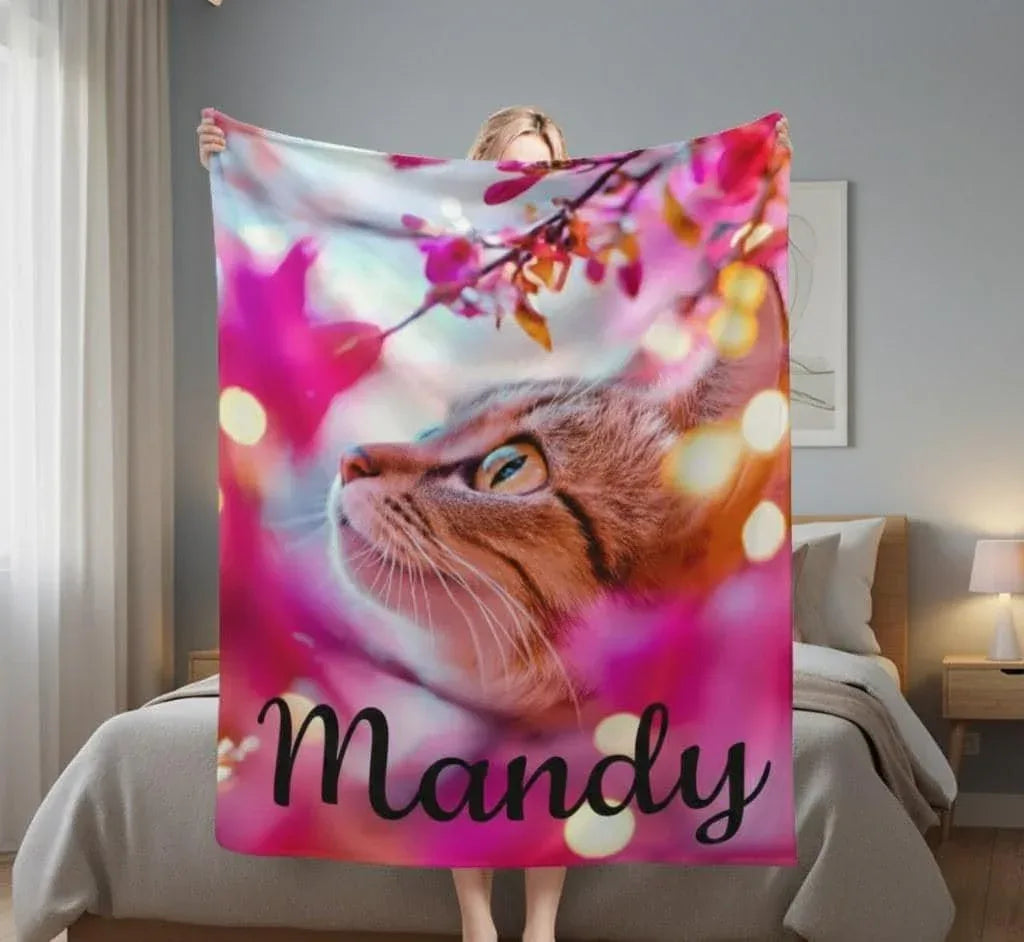 Personalized Cat Fleece Blanket: Pink Floral Kitty Design, Soft Custom Name Gift