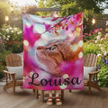Personalized Cat Fleece Blanket: Pink Floral Kitty Design, Soft Custom Name Gift