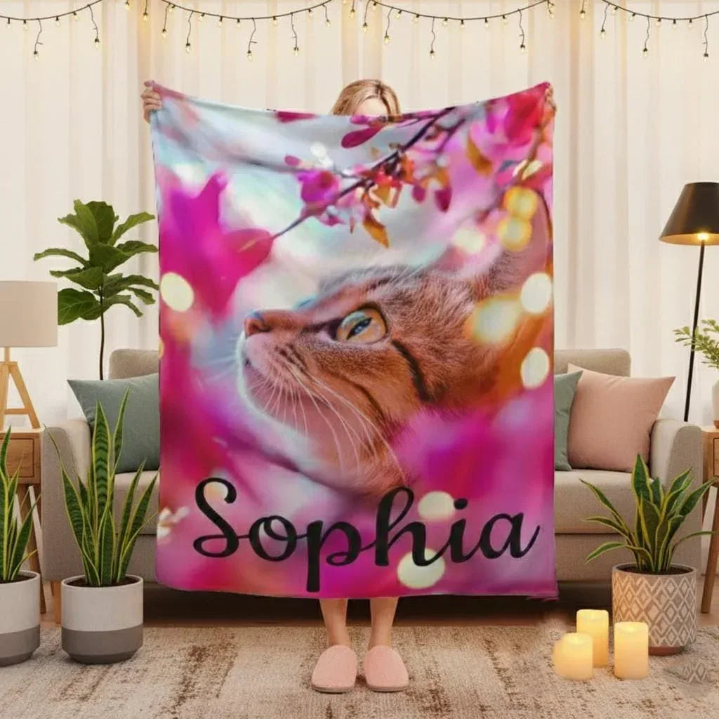 Personalized Cat Fleece Blanket: Pink Floral Kitty Design, Soft Custom Name Gift