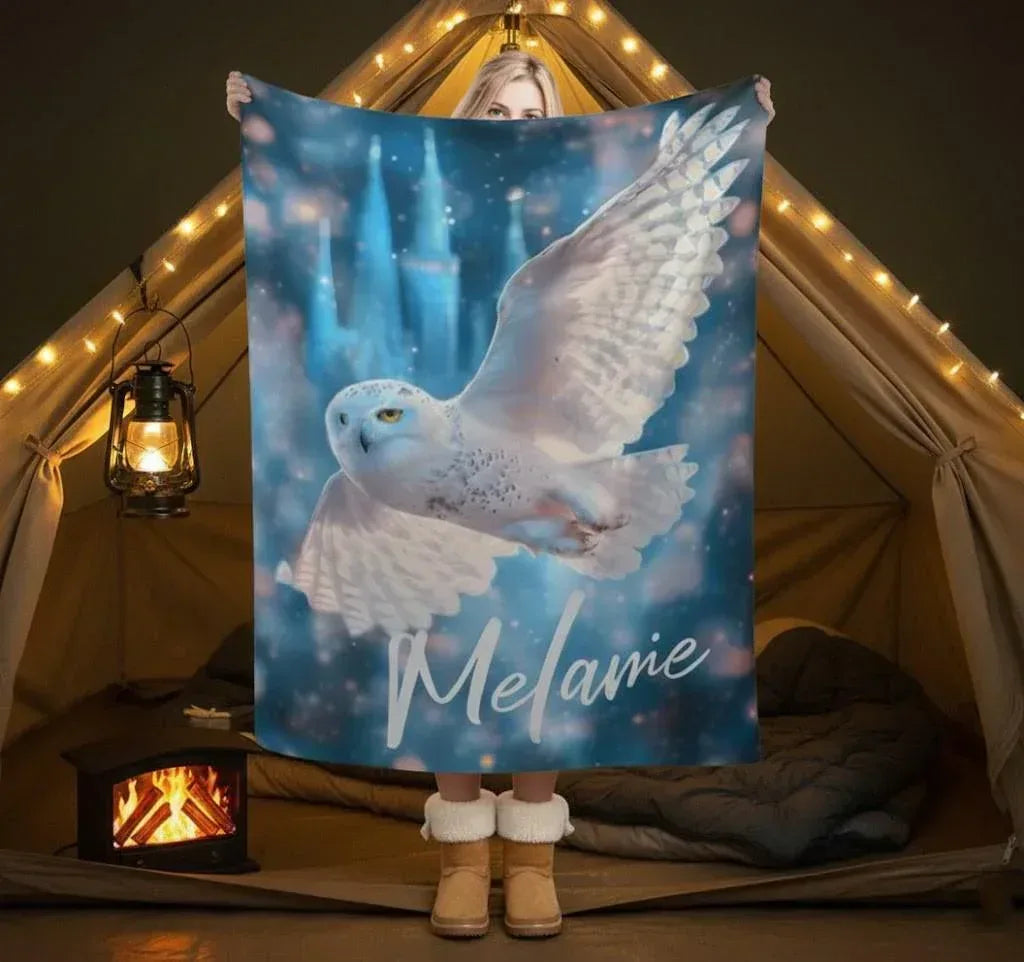 Personalized Wizarding Owl Blanket: Harry Potter Theme, Custom Flannel Fleece Name Throw